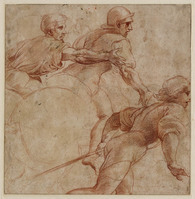 A 059
<br/>
Twee ruiters en een toesnellende voetknecht
<br/>
<em>Raffaello Sanzio (1483-1520) - kopie naar</em>